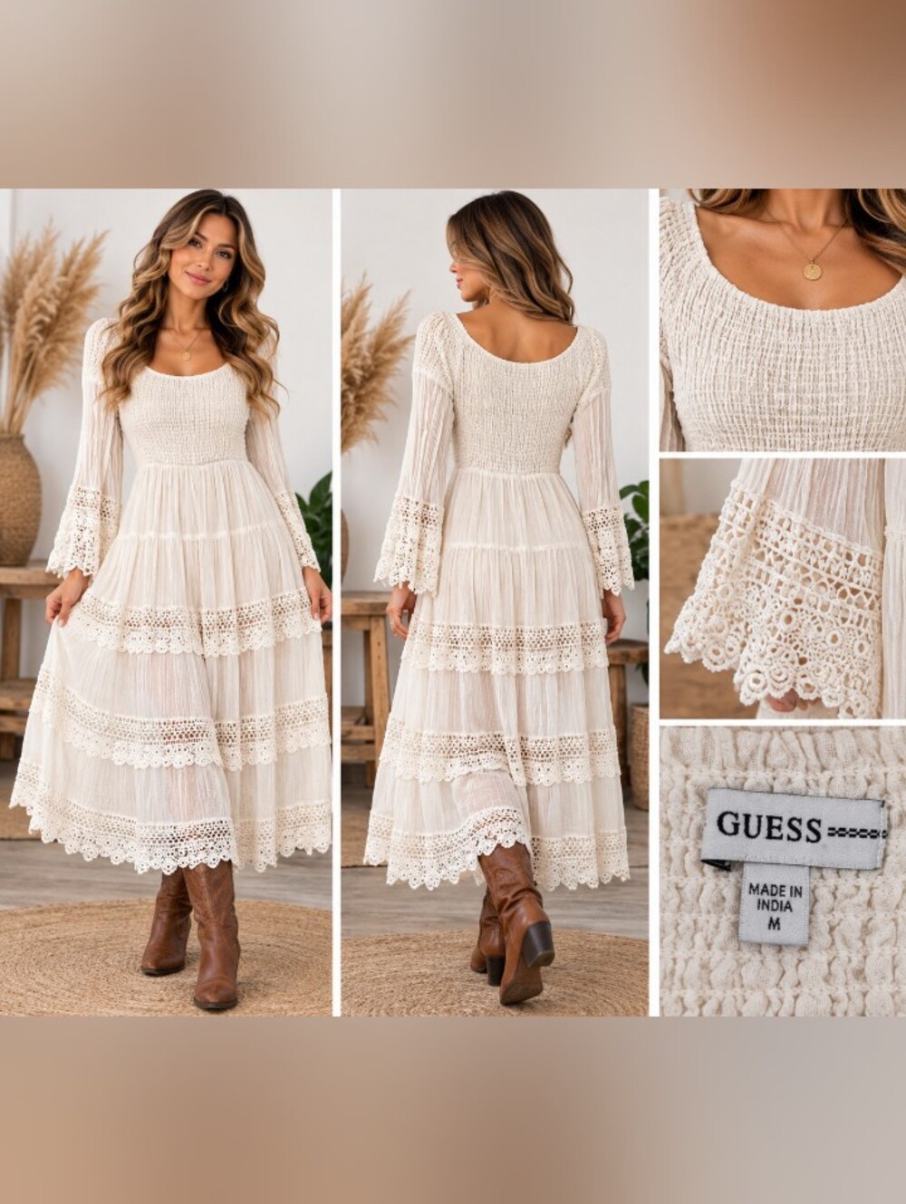 guess boho crochet  lace tiered maxi dress ivory m